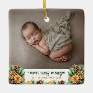 Ornement En Céramique Première photo de Noël du bébé moderne