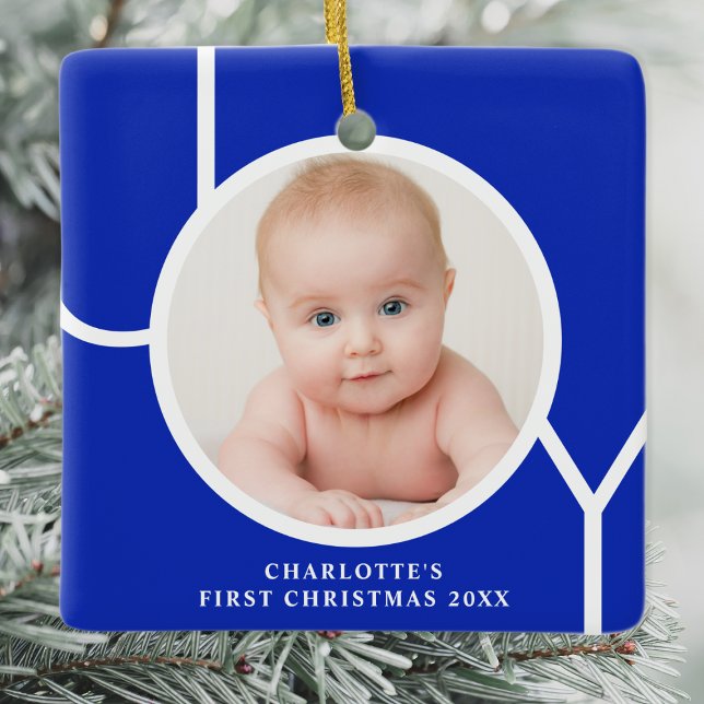 Ornement En Céramique Première photo personnalisée de Noël du bébé bleu (Créateur téléchargé)