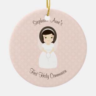 Ornement En Céramique Première Sainte Communion Brunette Girl