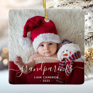 Ornement En Céramique Premiers Noël des Grands-Parents Photo Écriture Bl