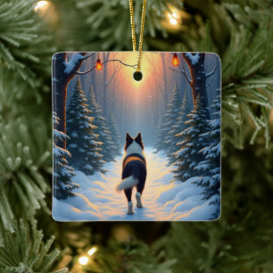 Ornement En Céramique Promenade de Border Collie dans une forêt enneigée