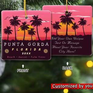 Ornement En Céramique Punta Gorda Florida Retro Sunset Palm tree 1980