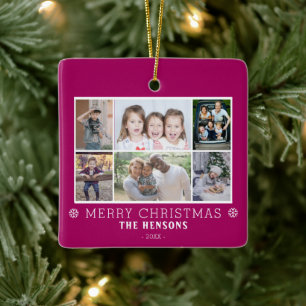 Ornement En Céramique Purple Christmas Family 6 Photo Collage