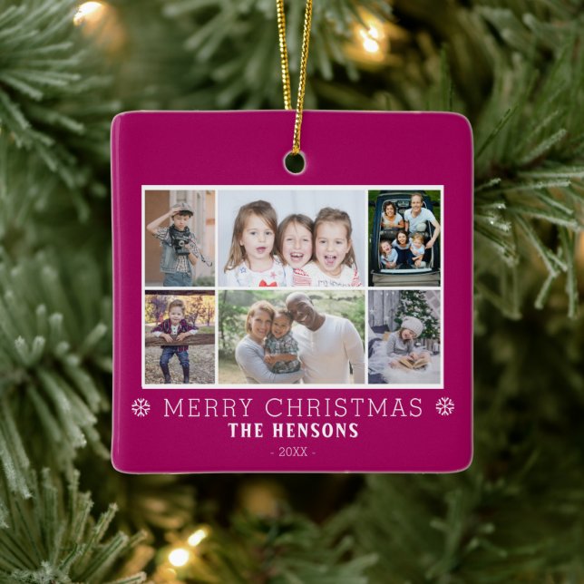 Ornement En Céramique Purple Christmas Family 6 Photo Collage (Arbre)
