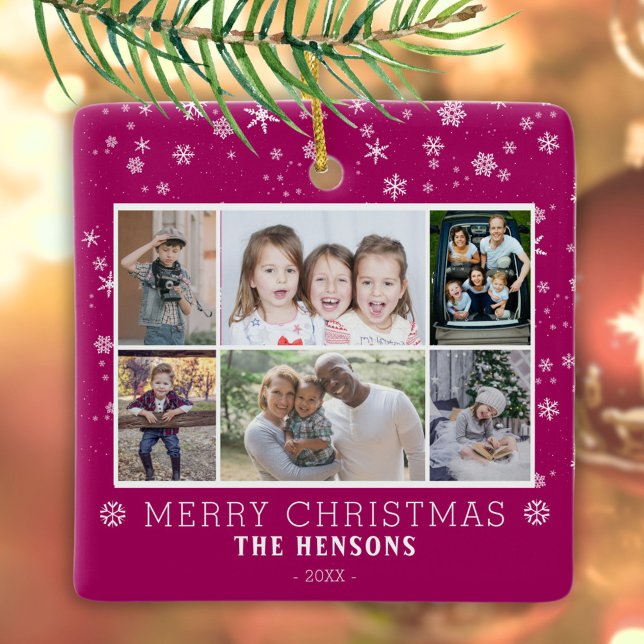 Ornement En Céramique Purple Christmas Family 6 Photo Collage (Créateur téléchargé)
