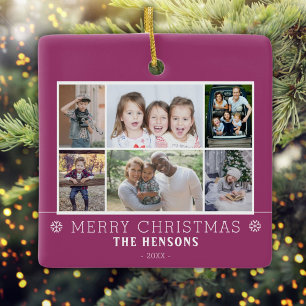 Ornement En Céramique Purple Christmas Family 6 Photo Collage
