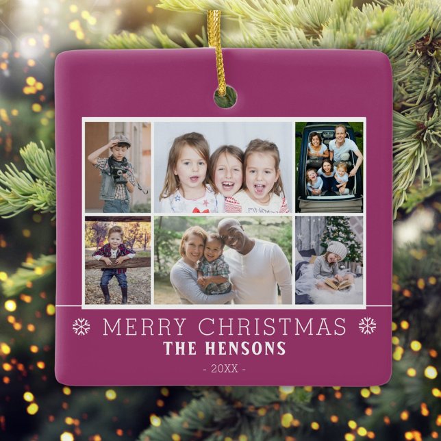 Ornement En Céramique Purple Christmas Family 6 Photo Collage (Créateur téléchargé)