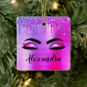 Ornement En Céramique Purple Glitter Sparkle Eyelashes Monogram