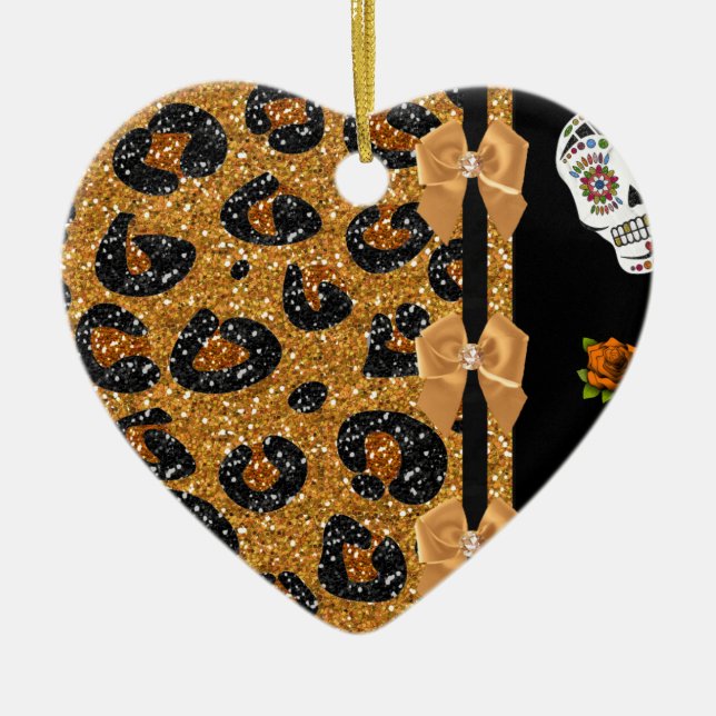 Ornement En Céramique RAB Rockabilly Gold Leopard Print Sugar Skulls (Devant)