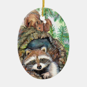Ornement En Céramique Racoon dans le trou d'arbre avec l'écureuil