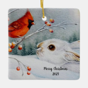 Ornement En Céramique Raquette à neige Rabbit & Cardinal Bird Watercolo