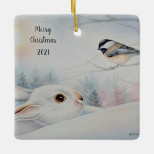 Ornement En Céramique Raquette à neige Rabbit & Chickadee Oiseau Aquare