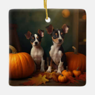 Ornement En Céramique Rat Terrier Chiot Automne Citrouille délice
