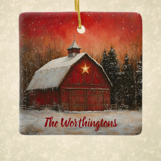 Ornement En Céramique Red Barn with Star and Trees Farmhouse Monogram