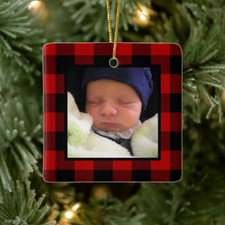 Ornement En Céramique Red Buffalo Plaid 1st Christmas Baby Photo