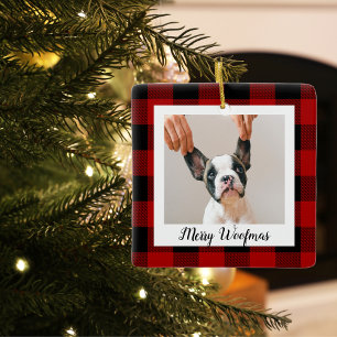 Ornement En Céramique Red Buffalo Plaid Chien Photo   Devis de chien