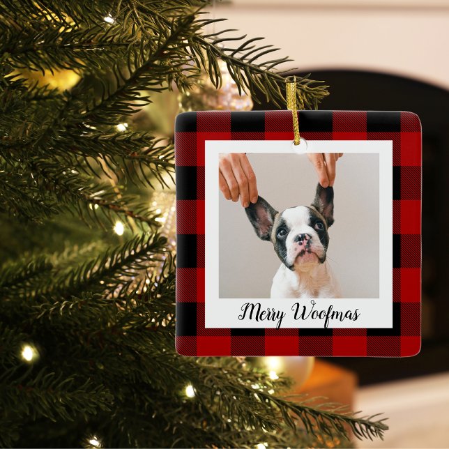 Ornement En Céramique Red Buffalo Plaid Chien Photo | Devis de chien (Créateur téléchargé)