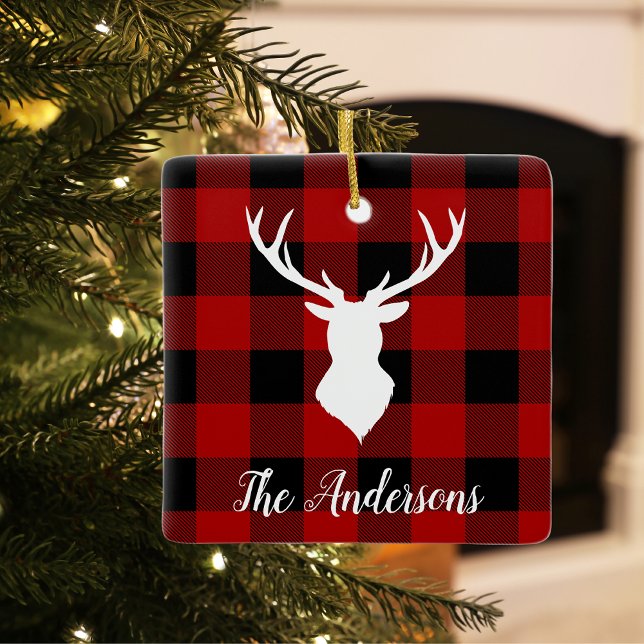 Ornement En Céramique Red Buffalo Plaid & Deer | Nom personnel Cadeau (Créateur téléchargé)