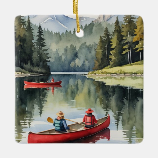 Ornement En Céramique Red Canoe Wilderness Lake Camping Noël (Devant)