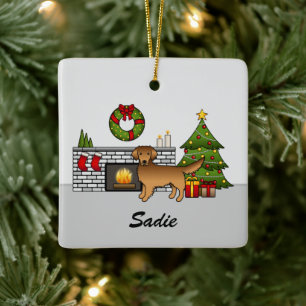 Ornement En Céramique Red Golden Retriever In Christmas Room & Nom