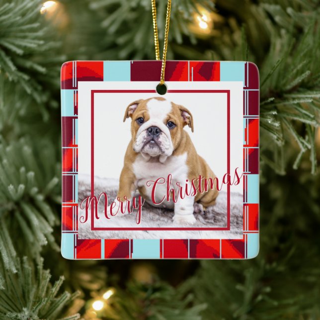 Ornement En Céramique Red Plaid Bulldog Chien photo Joyeux Noël (Arbre)