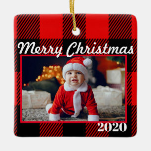 Ornement En Céramique Red Plaid Christmas Photo 2 Sièges Modern