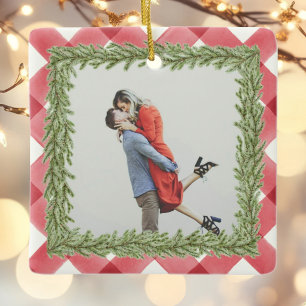 Ornement En Céramique Red Plaid En vichy photo 1er Noël Marié