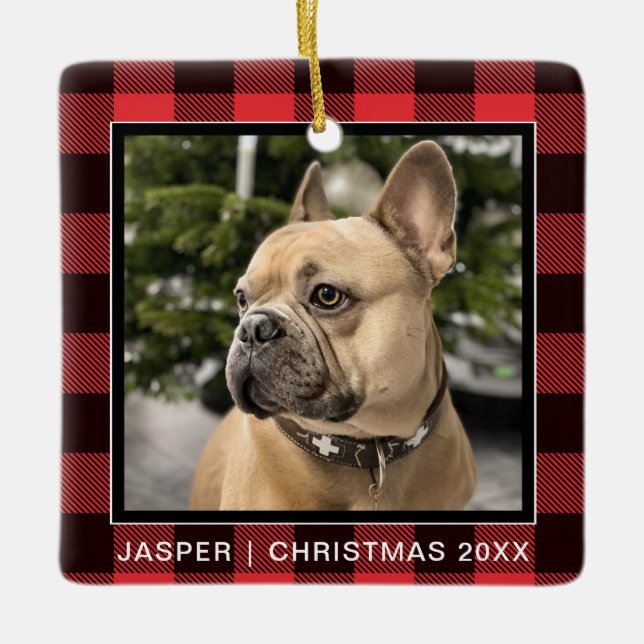 Ornement En Céramique Red Plaid| Family Chien Photo Keepsaké Noël (Devant)