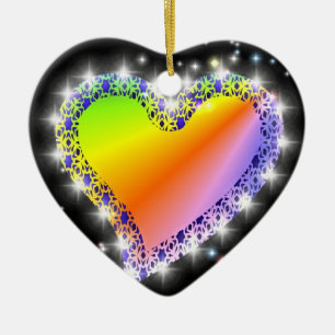 Ornement En Céramique Regenbogen-Herz mit Sternchen auf schwarz
