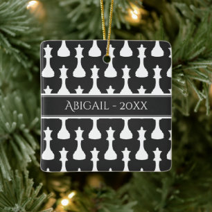 Ornement En Céramique Reine d'échecs personnalisée Noir, Noël blanc