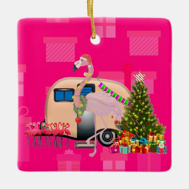 Ornement En Céramique remorque flamingo de noël (Devant)