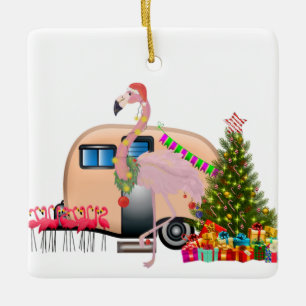 Ornement En Céramique remorque flamingo père Noël