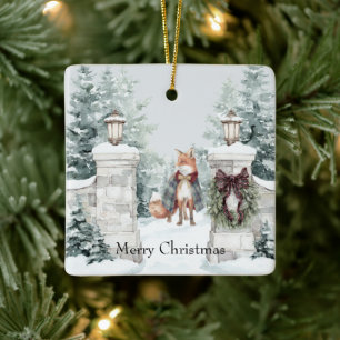 Ornement En Céramique Renard Vert Manteau Neige Noël