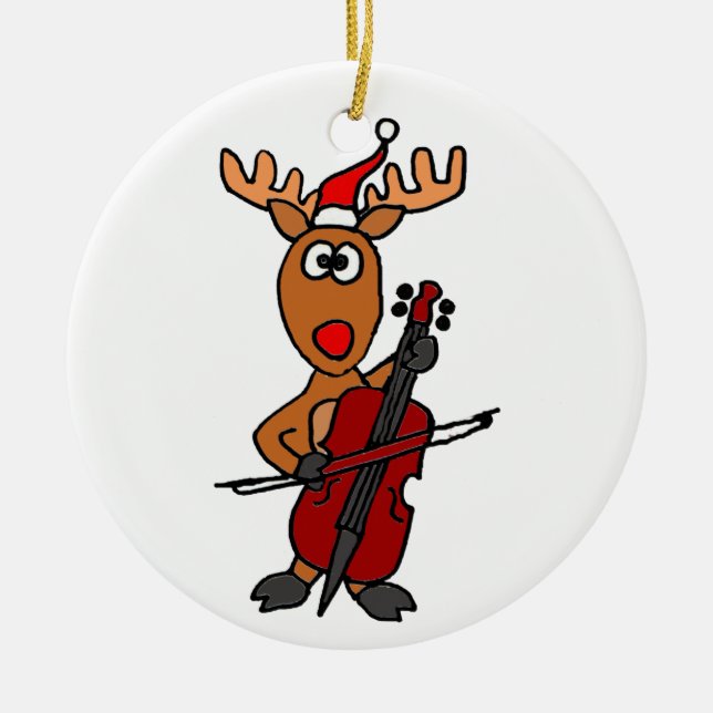 Ornement En Céramique Renne drôle jouant Noël de violoncelle (Devant)