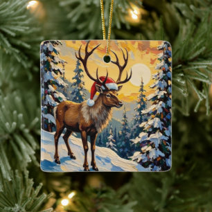 Ornement En Céramique Renne vintage avec chapeau de Père Noël dans une f