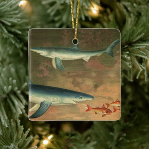Ornement En Céramique Requin bleu vintage mangeant du poisson, Marine Li
