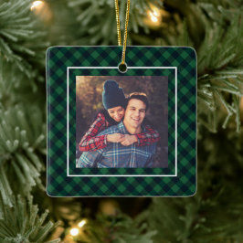 Ornement En Céramique Restez Cosy Green Buffalo Plaid Family Photo