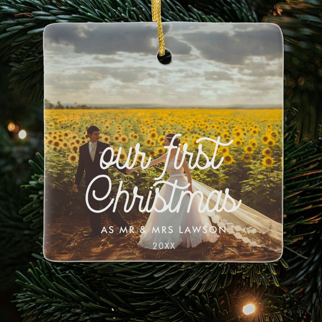 Ornement En Céramique Retro Notre première photo en couple de Noël (Créateur téléchargé)