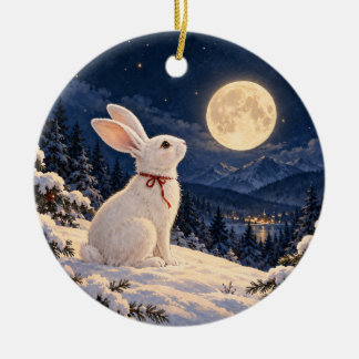 Ornement en céramique rond Lapin d'hiver au clair