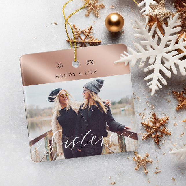 Ornement En Céramique Rose de cisaillement moderne et élégant Photograph (Modern & Elegant Shear Rose Gold Sister Photo Ceramic Ornament)