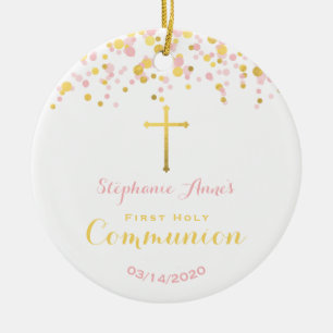 Ornement En Céramique Rose de communion et confettis d'or