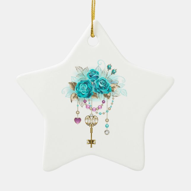 Ornement En Céramique Roses turquoise avec touches (Devant)