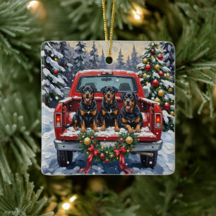 Ornement En Céramique Rottweiler Noël Camion Rouge Fêtes
