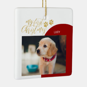 Ornement En Céramique Rouge & Or Chien Chiot Premier Noël Photo