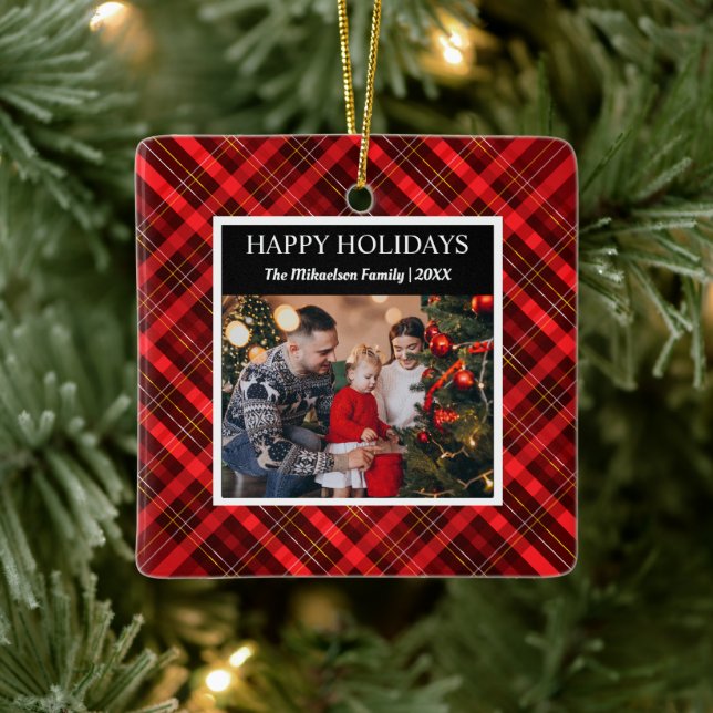 Ornement En Céramique Rouge Plaid Tartan Photo Joyeux Noël (Arbre)