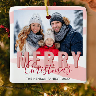 Ornement En Céramique Rouge rose Joyeux Noël Script Famille Photo
