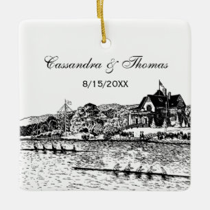 Ornement En Céramique Rowers D'Équipage Course Avec Boathouse Noir