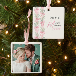Ornement En Céramique Ruban de pin à nœud rose Premier Noël Marié Photo