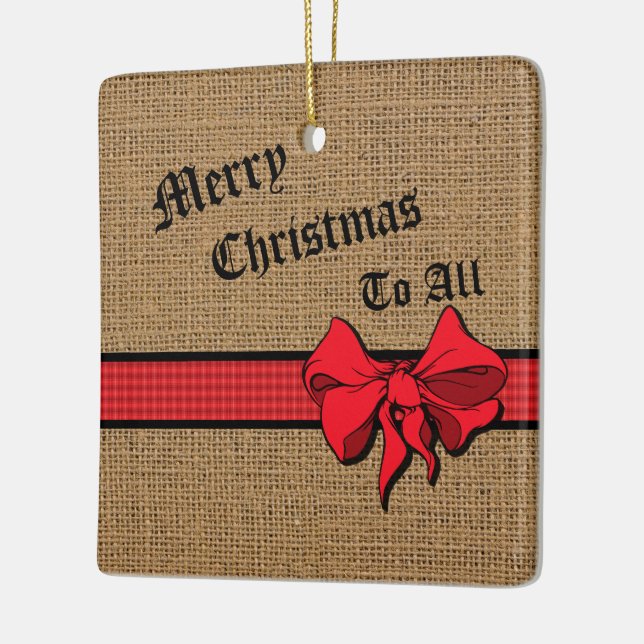 Ornement En Céramique Rustic Burlap Red Trim Personalized (Gauche)