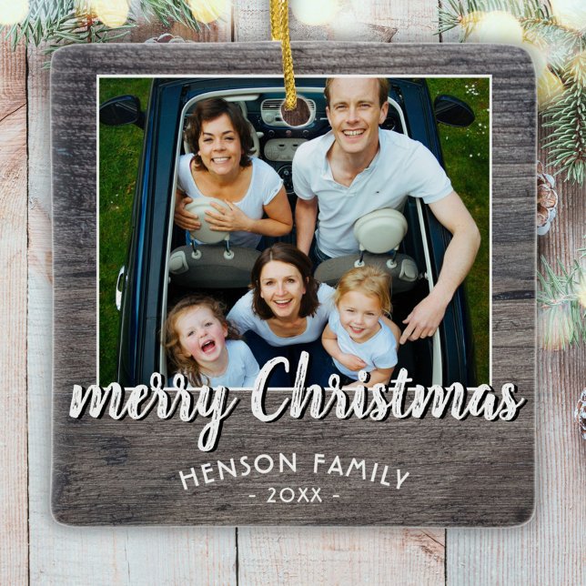 Ornement En Céramique Rustic Grey Bois Photo Joyeux Noël (Créateur téléchargé)